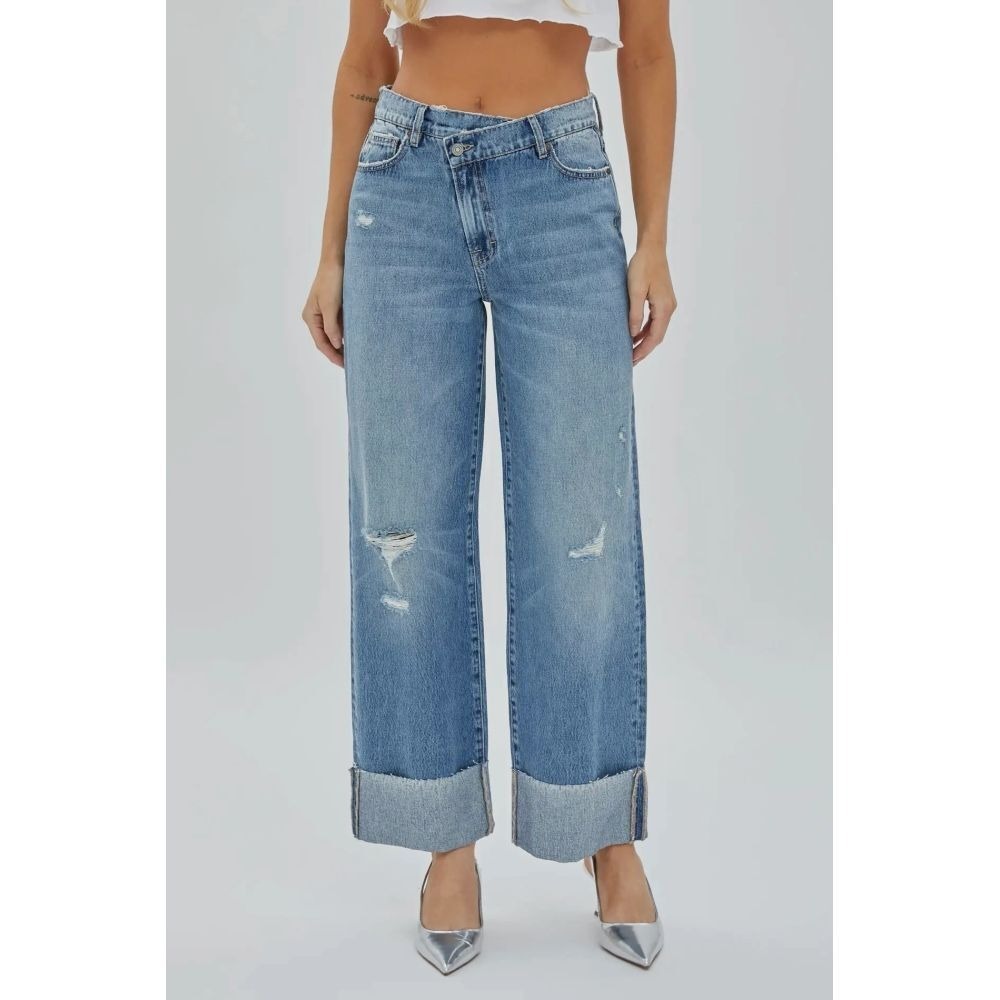 Hidden Jeans Logan Dad Jean Blue Distressed Criss Cross Waist Cuffed Size 31 new